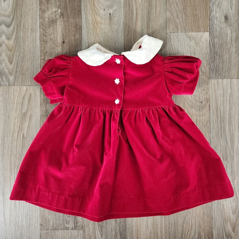 Vintage OshKosh Kids Girls Red Velvet Peter Pan Collar Bow Dress Size 12‎ Months